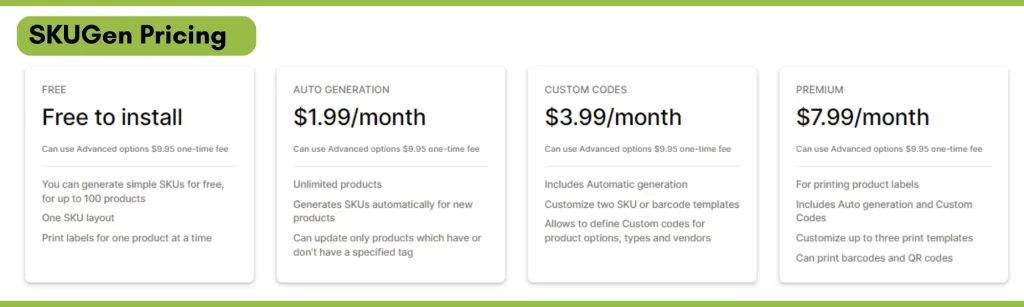 Shopify SKU Generator App Pricing